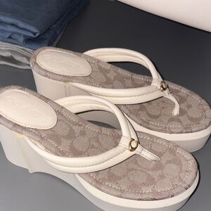 Coach Women's Beige and Cream Wedge Sandals
